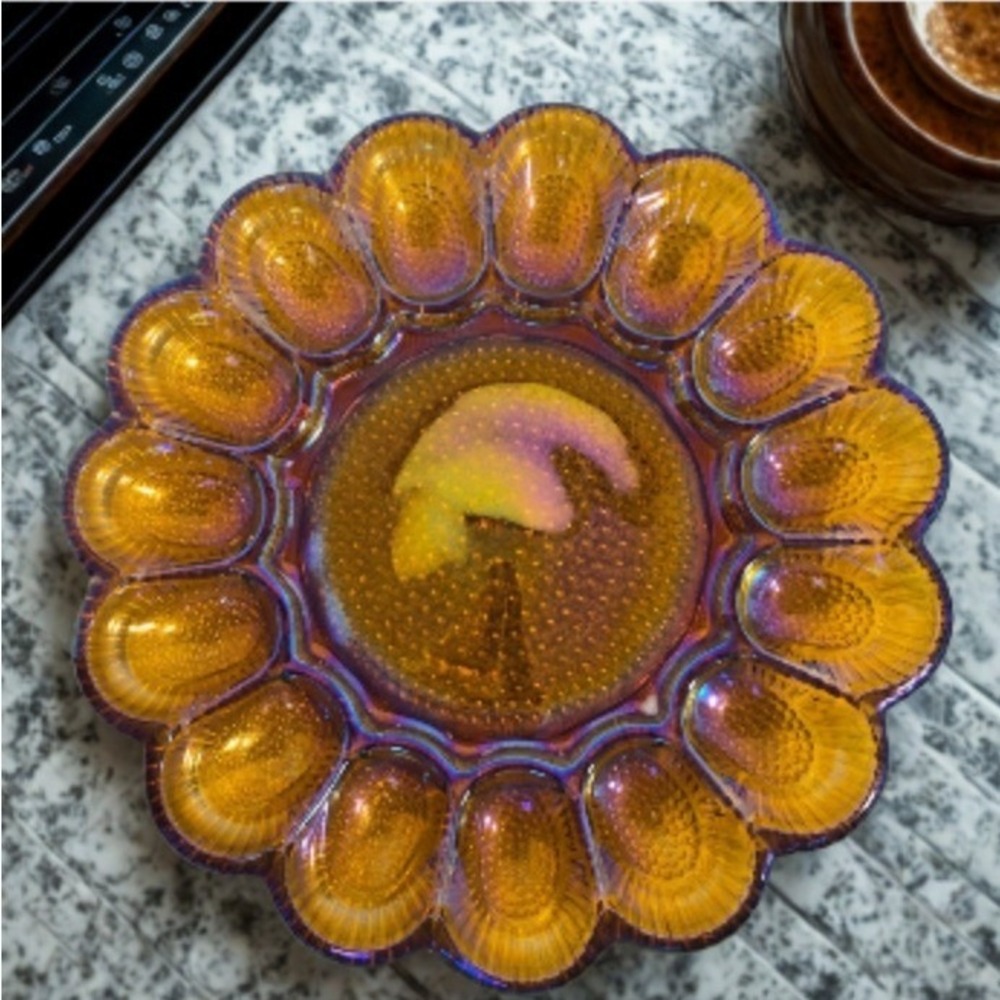 Vintage Indiana Glass Amber Carnival Glass Deviled Egg Platter 11‎ Inch 15 Slot